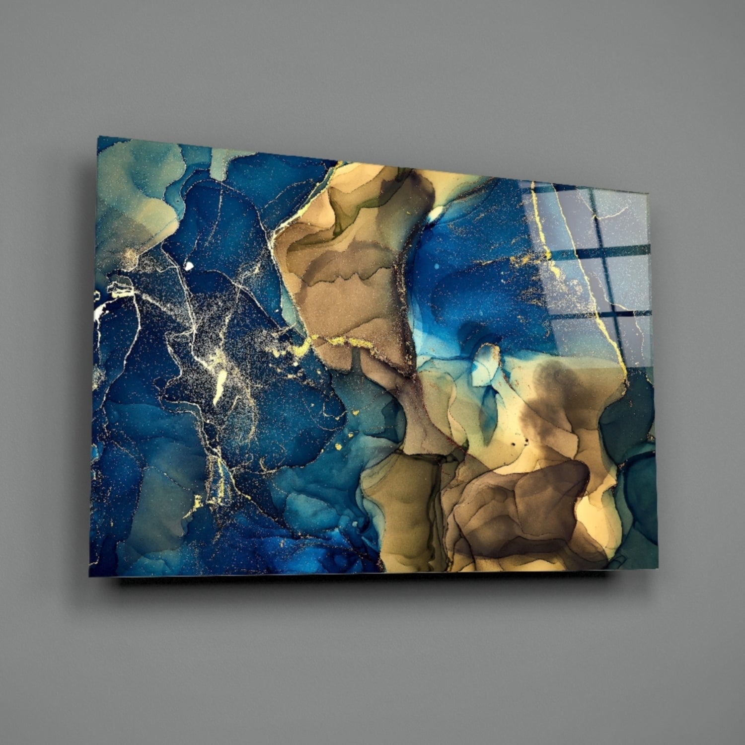 Blue Gold Ink Currents Glass Wall Art