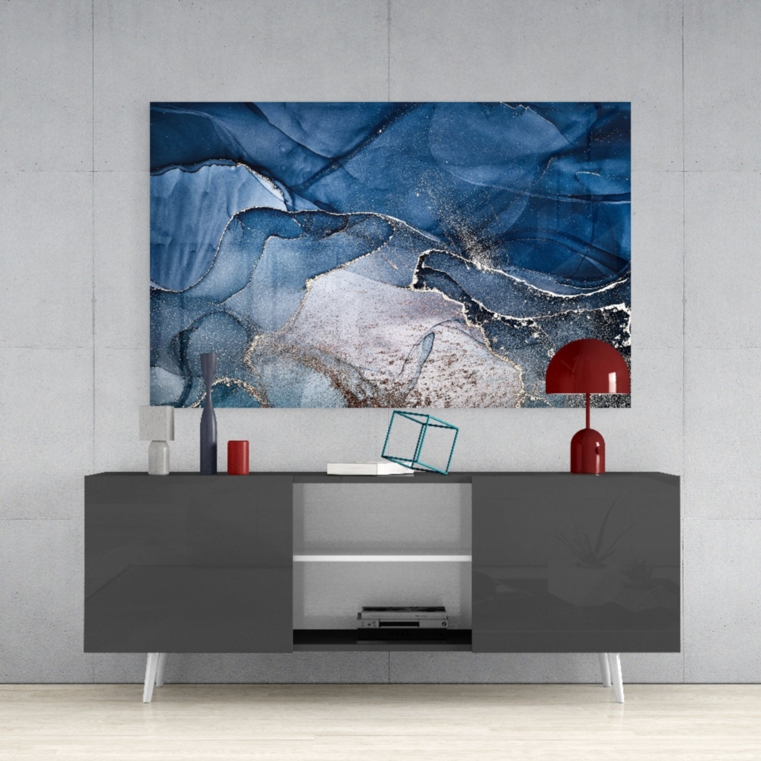 Steel Blue Gold Ink Glass Wall Art