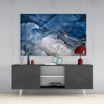 Steel Blue Gold Ink Glass Wall Art