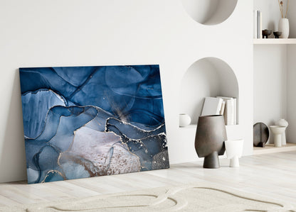 Steel Blue Gold Ink Glass Wall Art