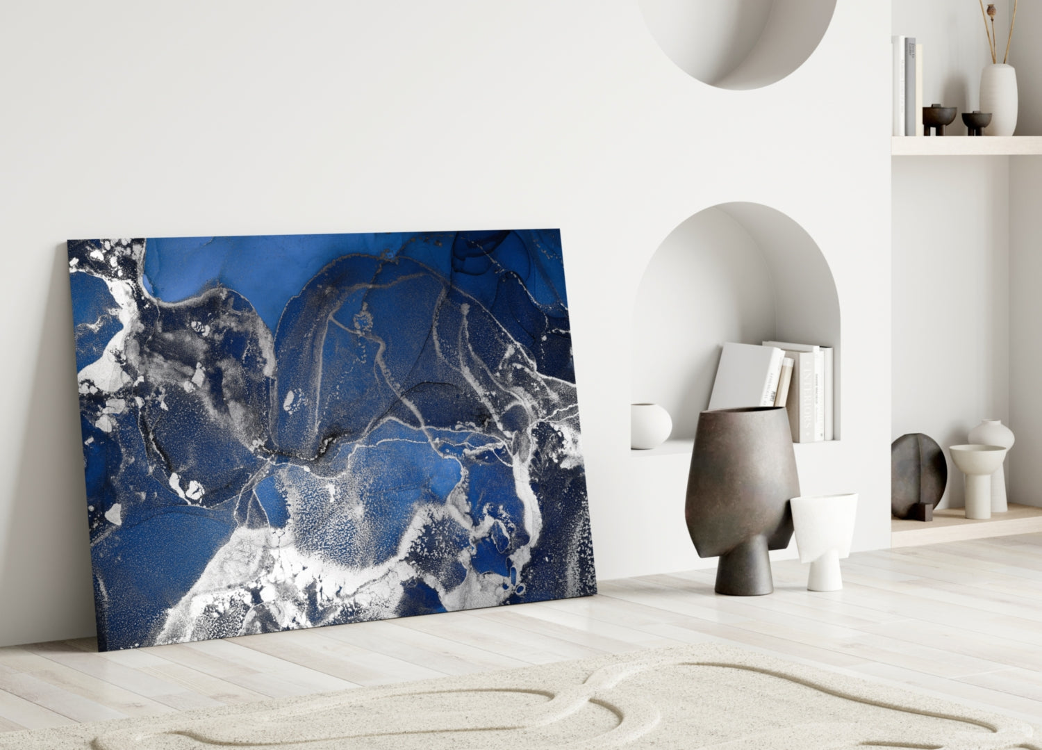 Royal Blue White Ink Glass Wall Art