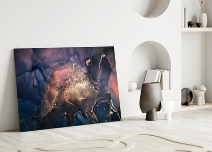 Navy Coral Gold Ink Burst Glass Wall Art