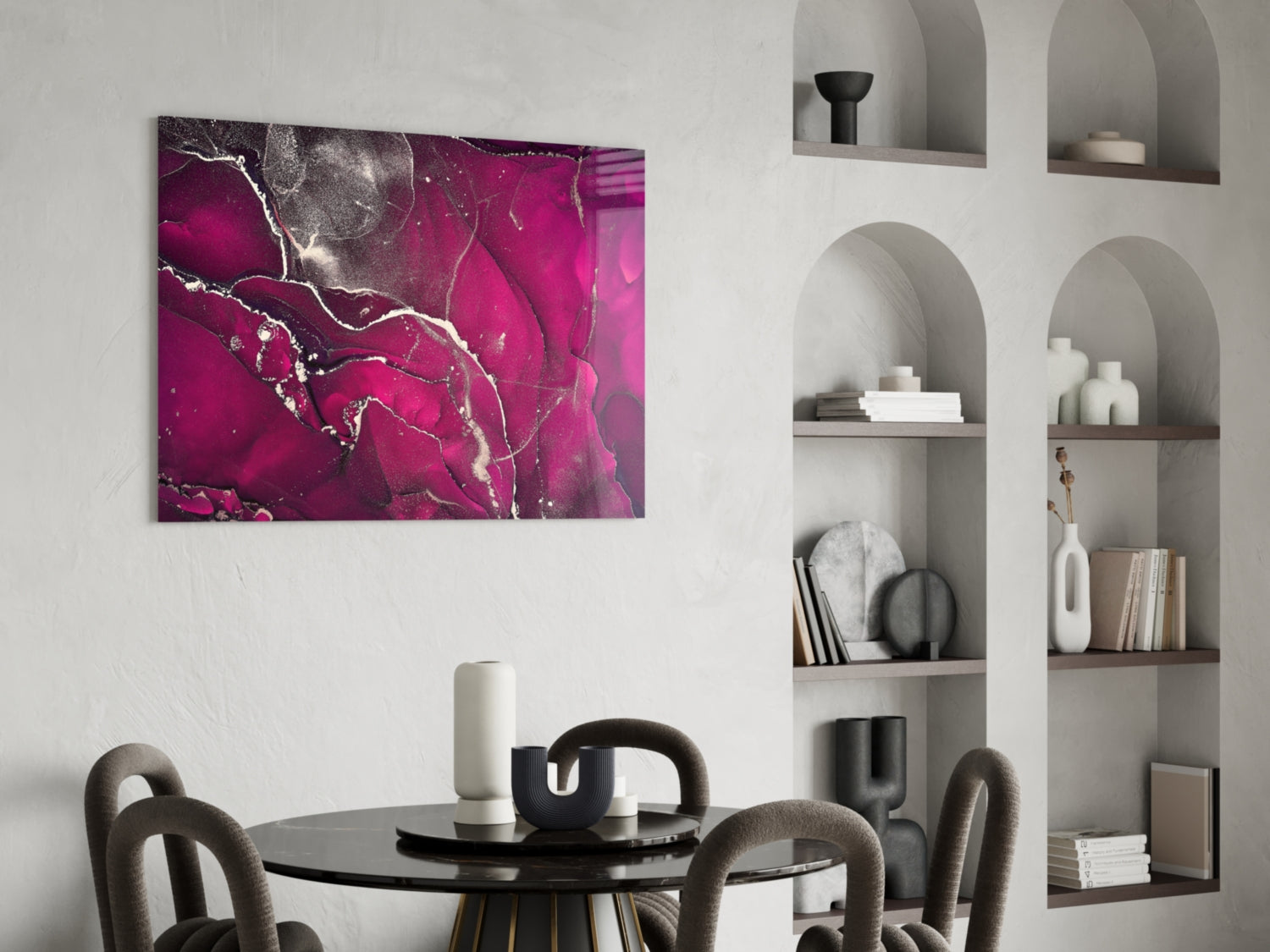 Fuchsia Silver Marble Ink Glass Wall Art