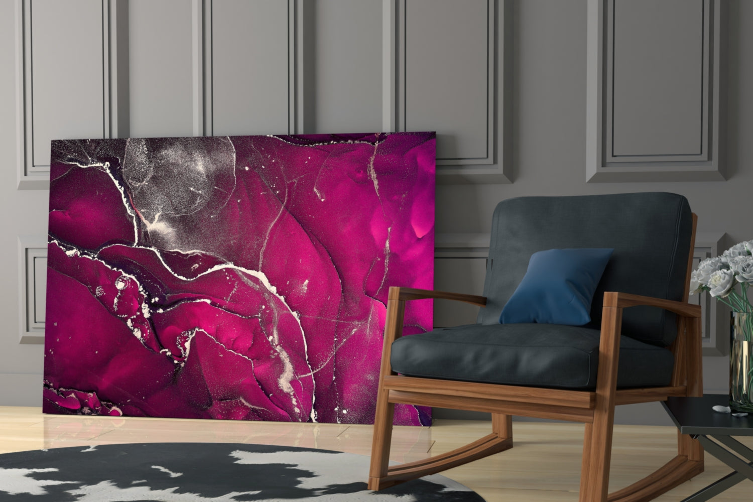 Fuchsia Silver Marble Ink Glass Wall Art