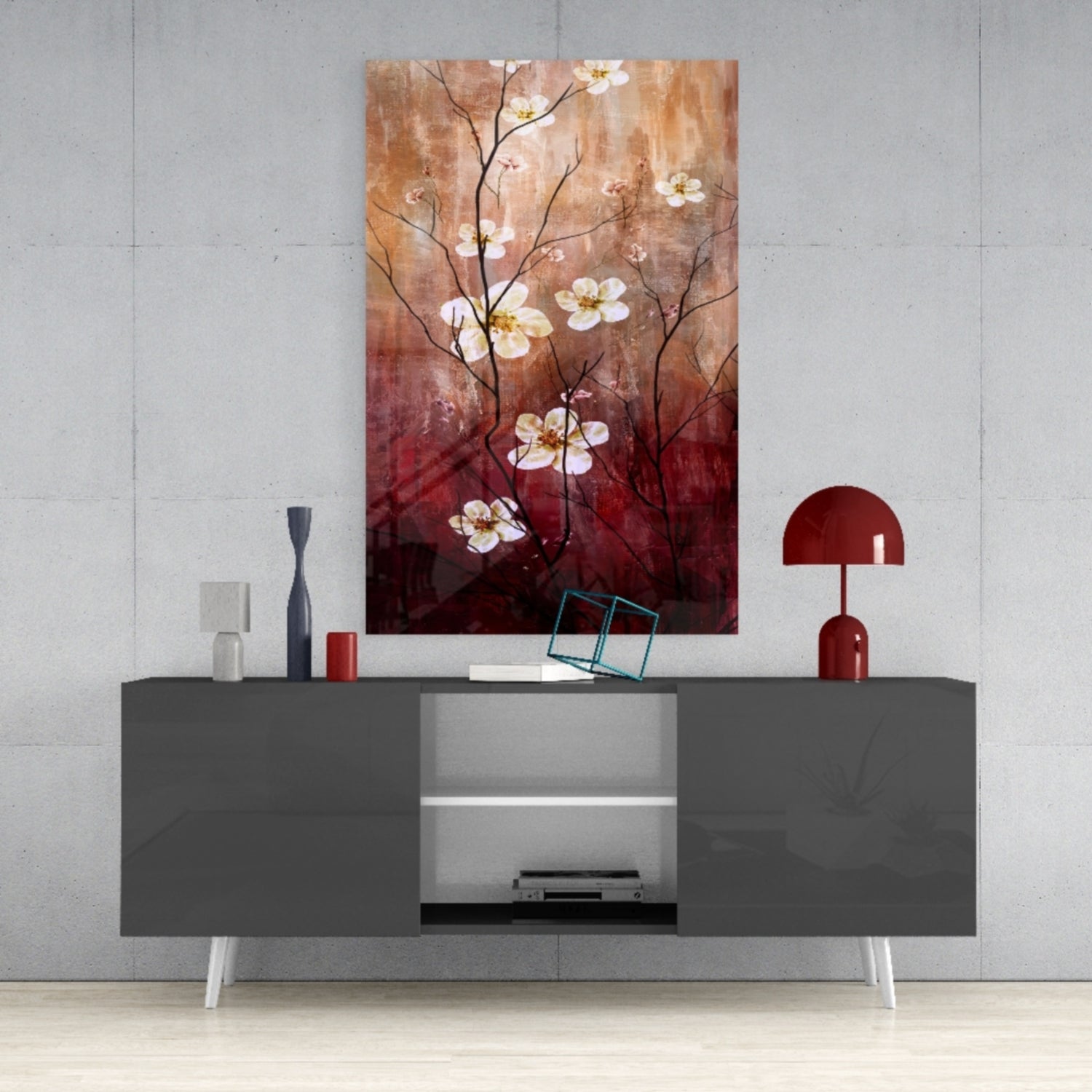 Crimson And Cream Blossom Branch Glass Wall Art