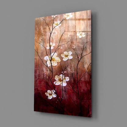 Crimson And Cream Blossom Branch Glass Wall Art