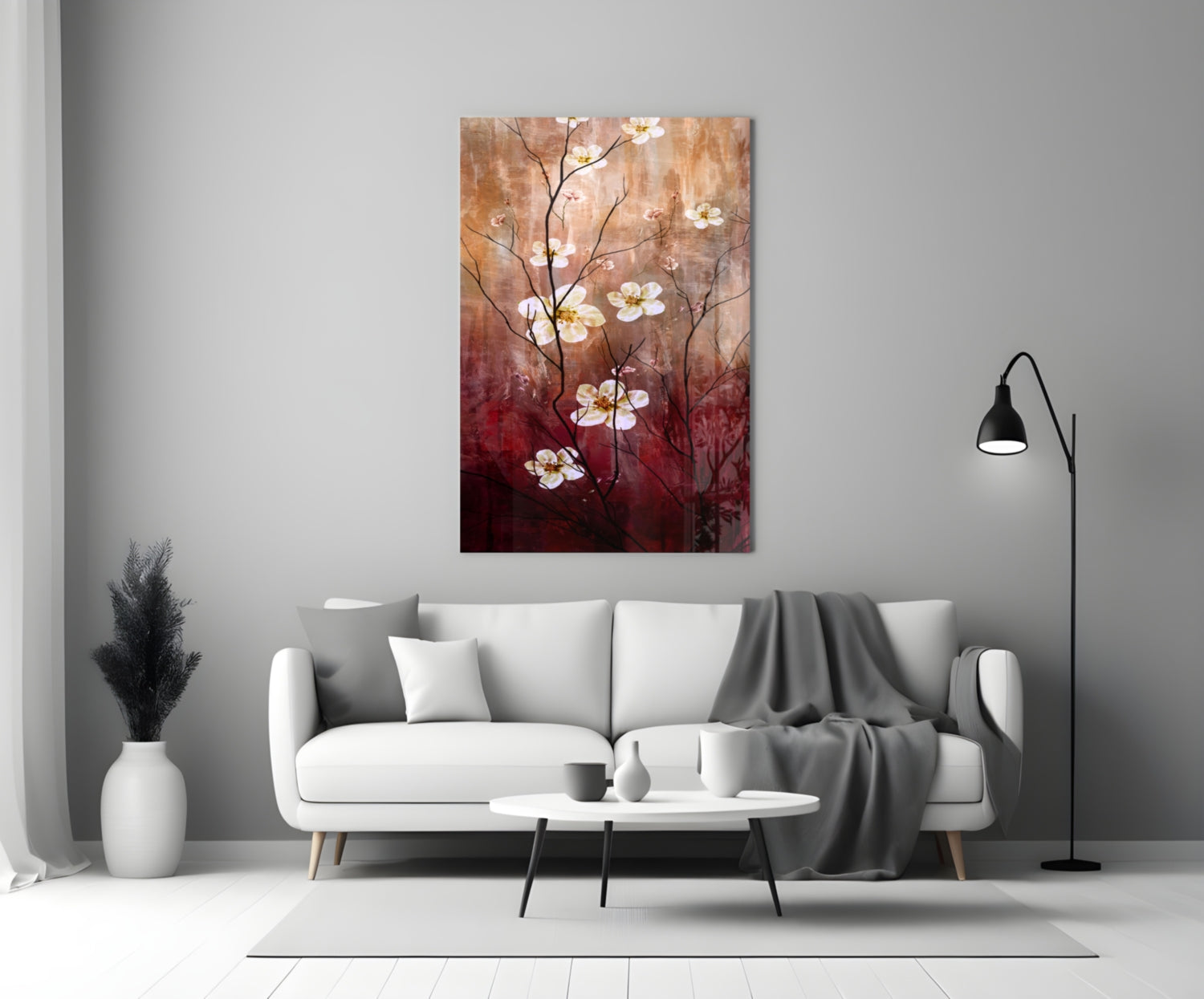 Crimson And Cream Blossom Branch Glass Wall Art