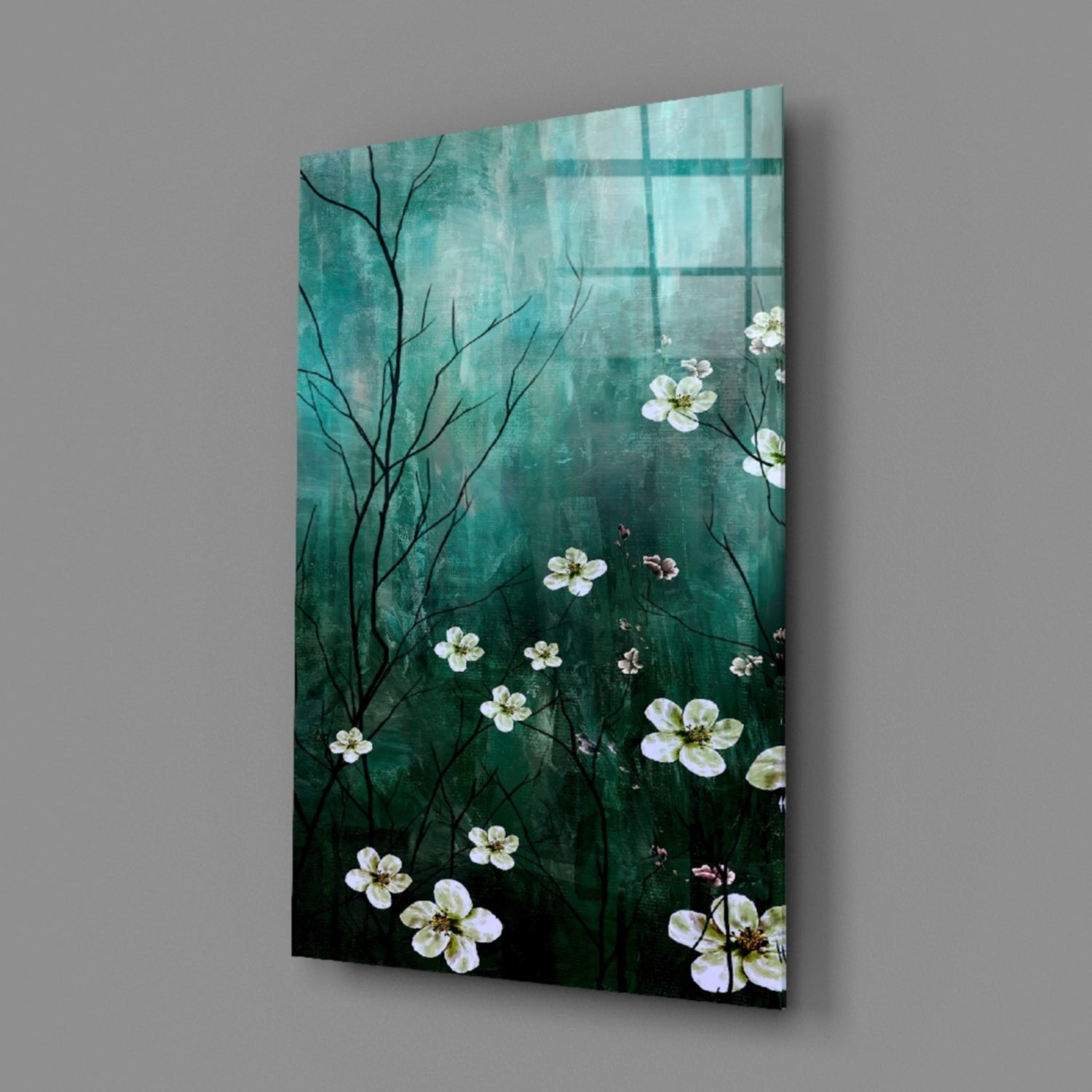 Emerald Green Misty Blossom Branch Glass Wall Art