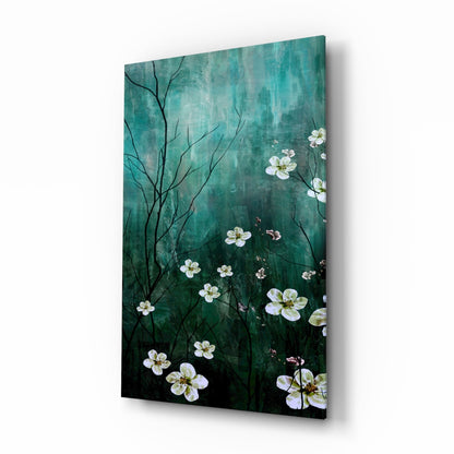 Emerald Green Misty Blossom Branch Glass Wall Art