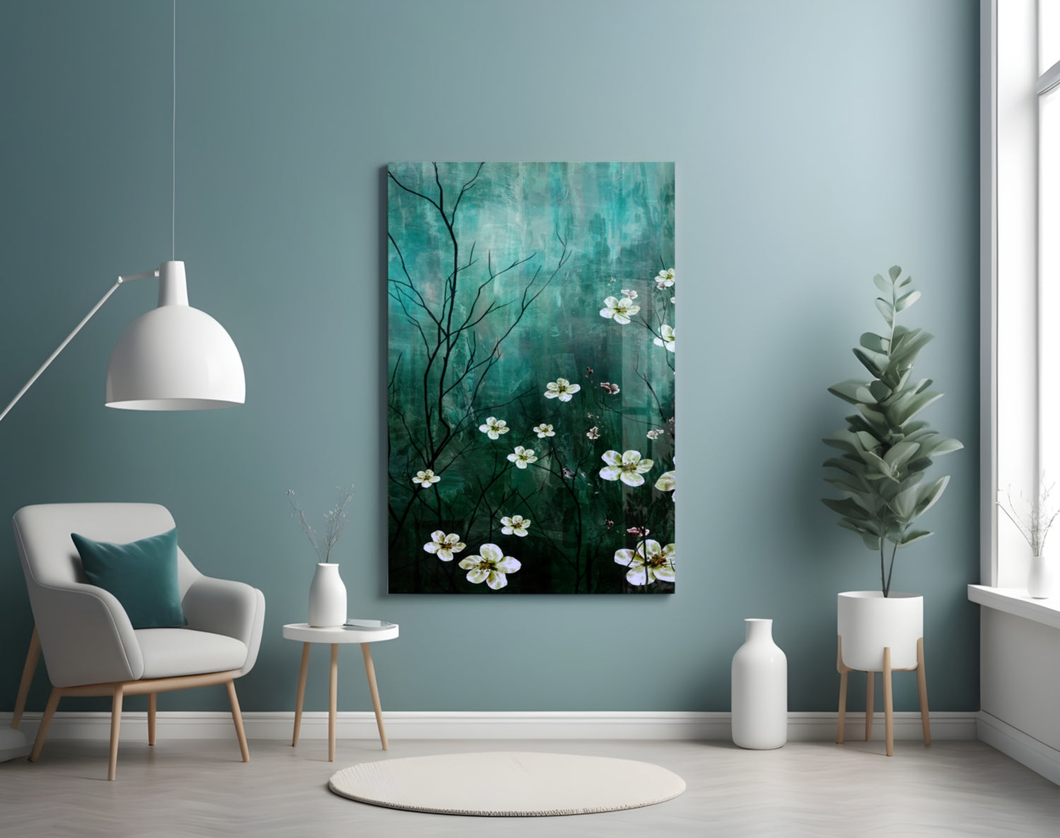 Emerald Green Misty Blossom Branch Glass Wall Art