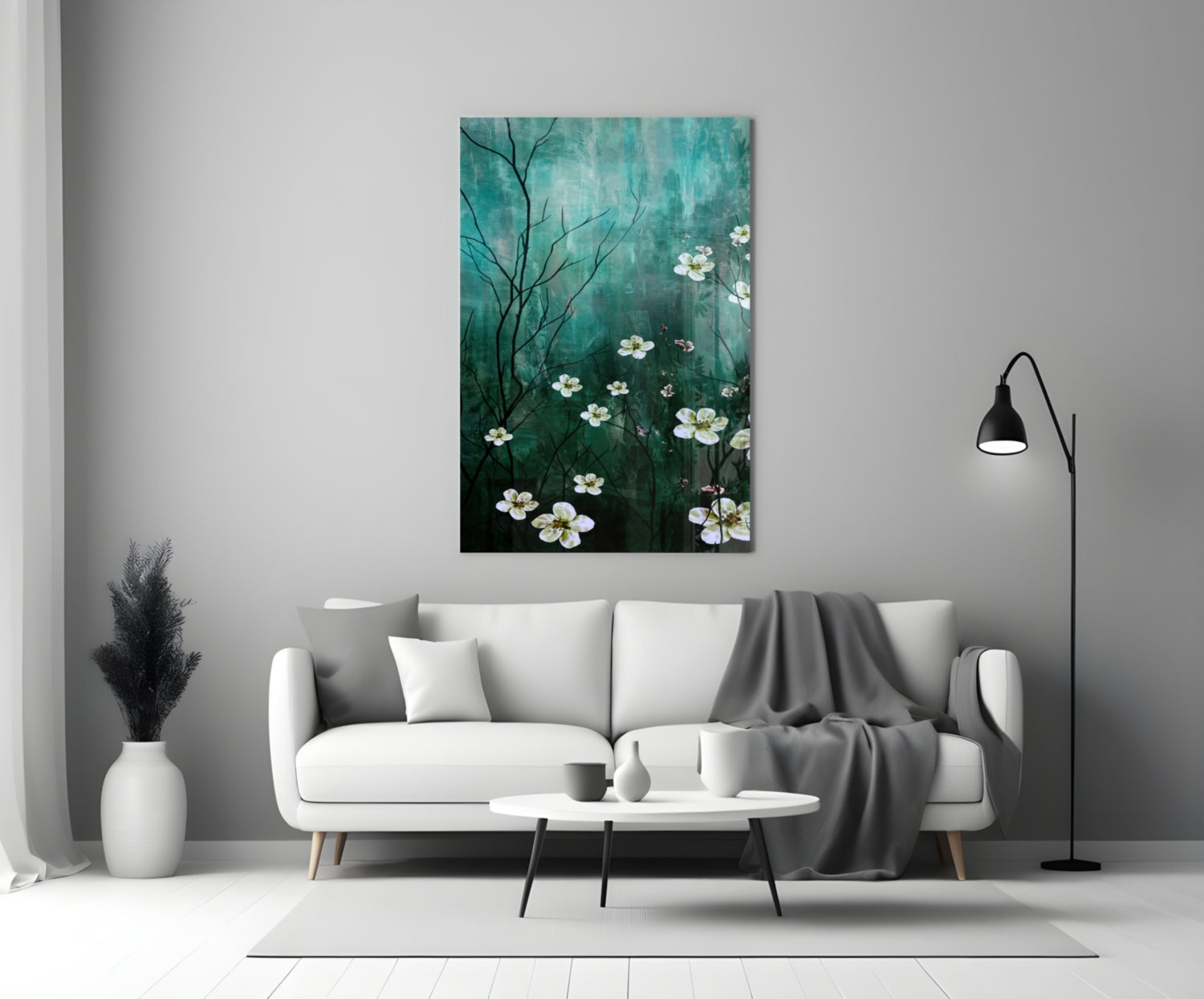 Emerald Green Misty Blossom Branch Glass Wall Art