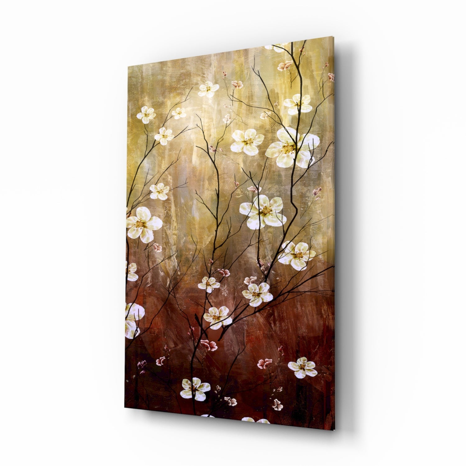 Amber Brown Blossom Branch Panel Glass Wall Art