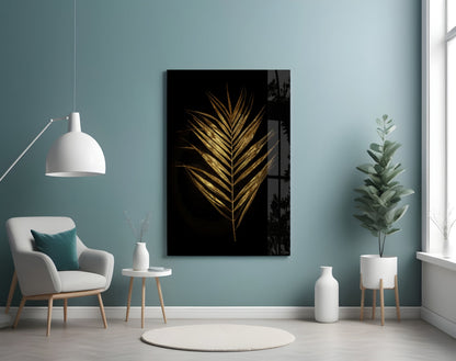 Golden Palm Leaf Black Glass Wall Art