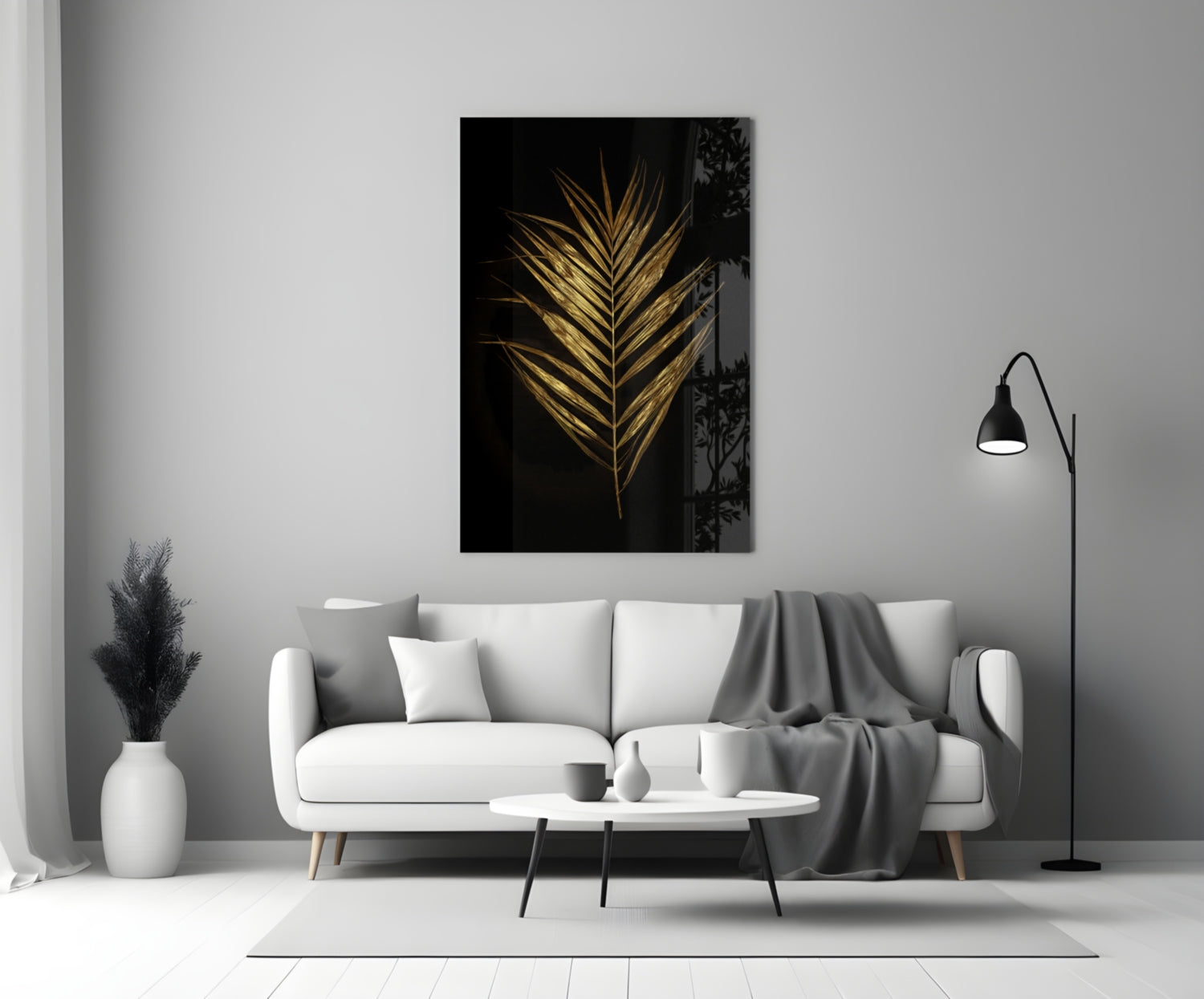 Golden Palm Leaf Black Glass Wall Art