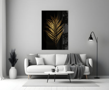 Golden Palm Leaf Black Glass Wall Art