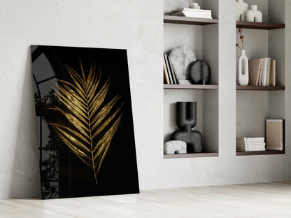 Golden Palm Leaf Black Glass Wall Art