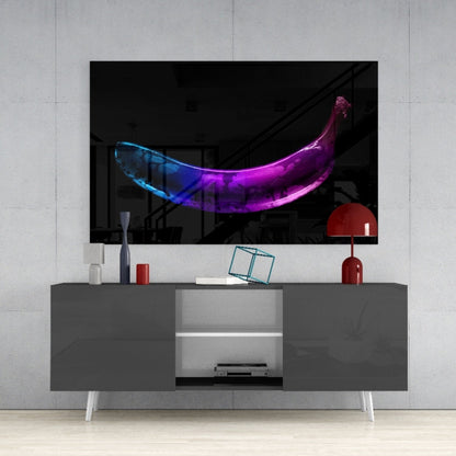 Neon Lit Banana on Black Glass Wall Art