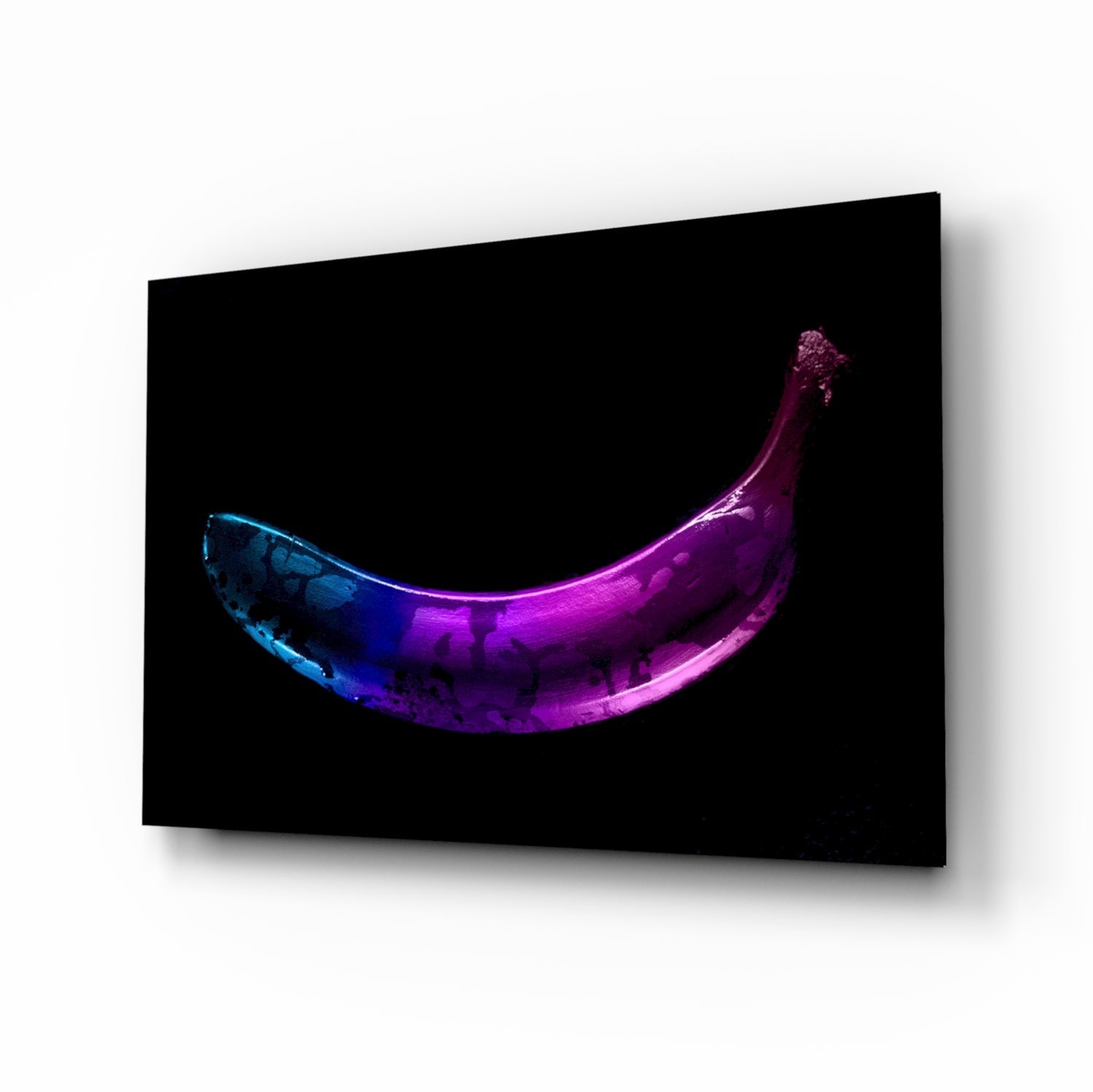 Neon Lit Banana on Black Glass Wall Art