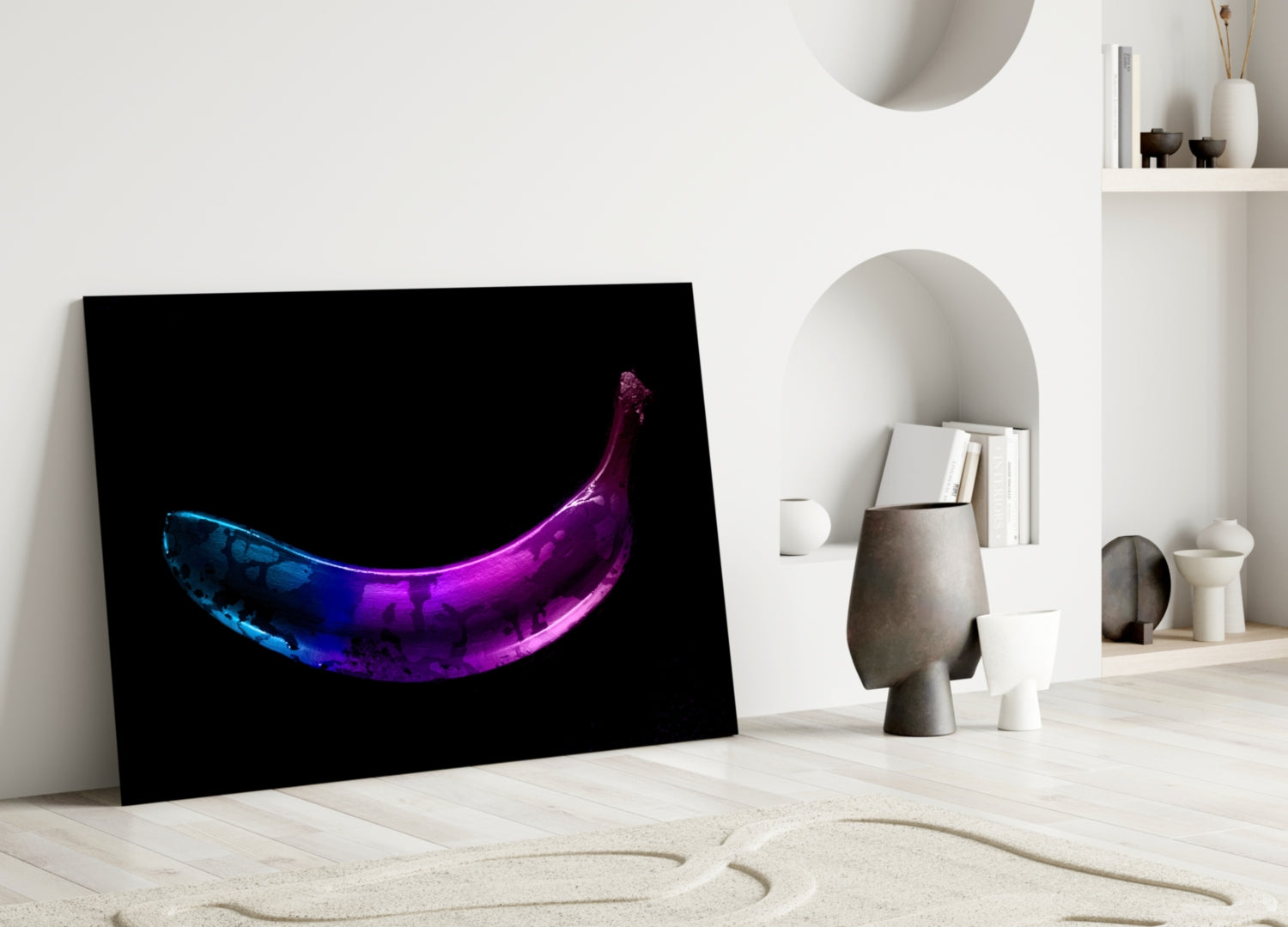 Neon Lit Banana on Black Glass Wall Art