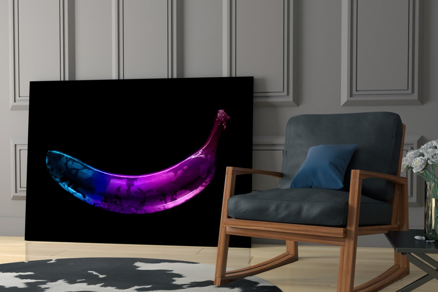 Neon Lit Banana on Black Glass Wall Art
