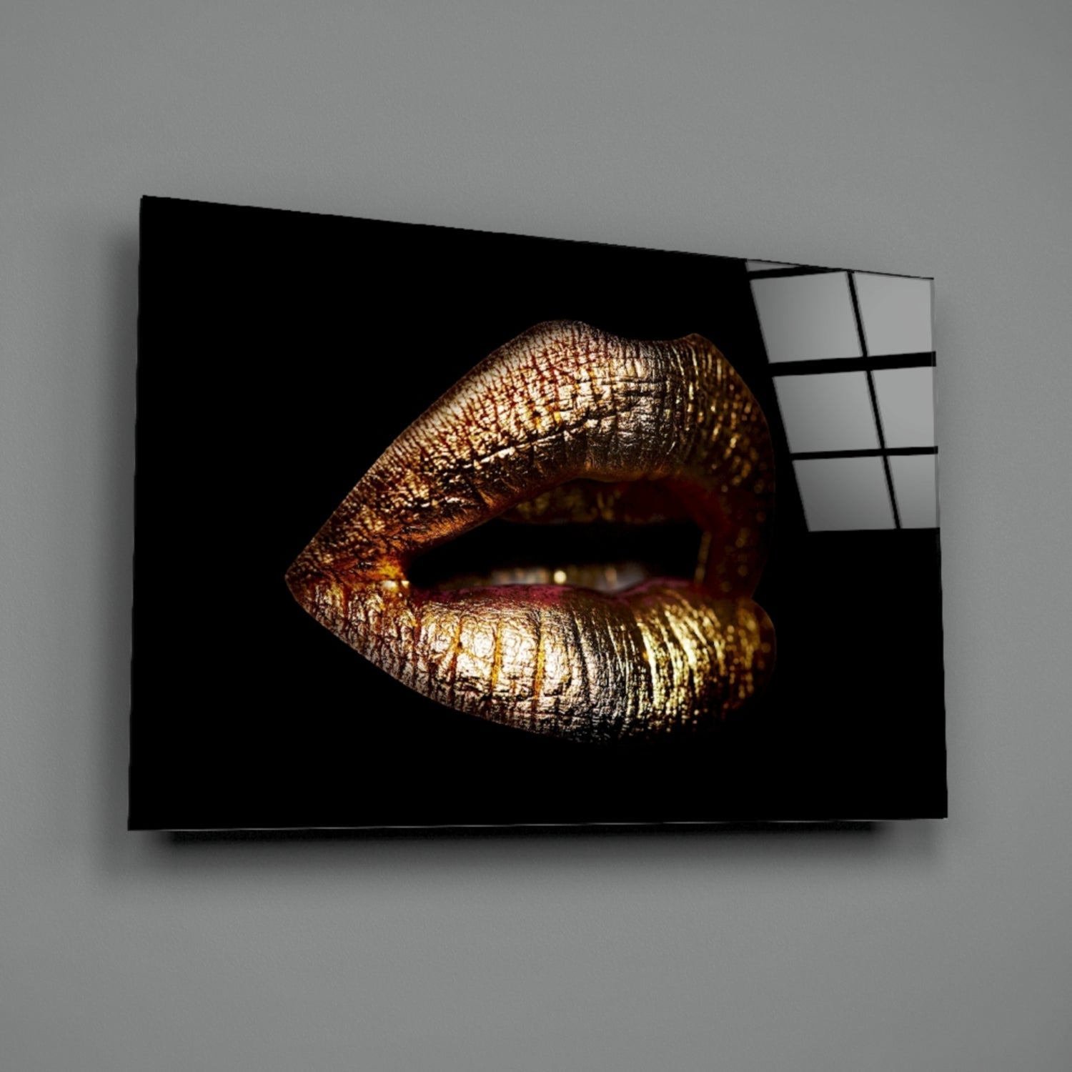 Golden Parted Lips on Black Glass Wall Art