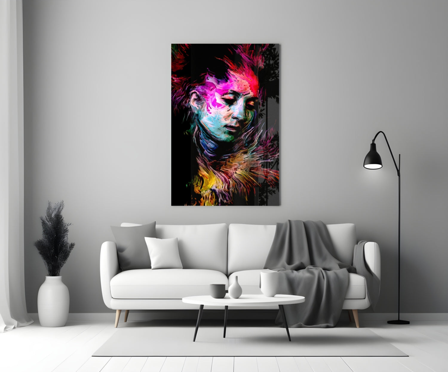 Neon Painted Woman Face Portrait Glass Wall Art