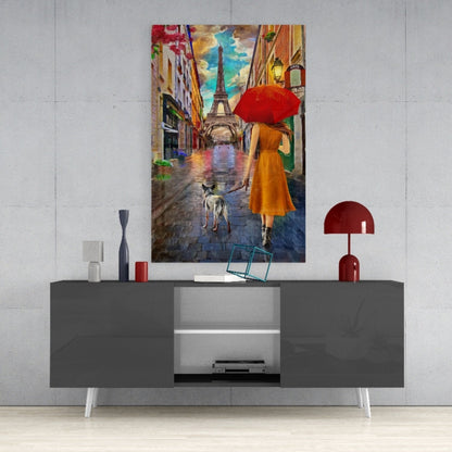 Orange Dress Woman Red Umbrella Paris Glass Wall Art