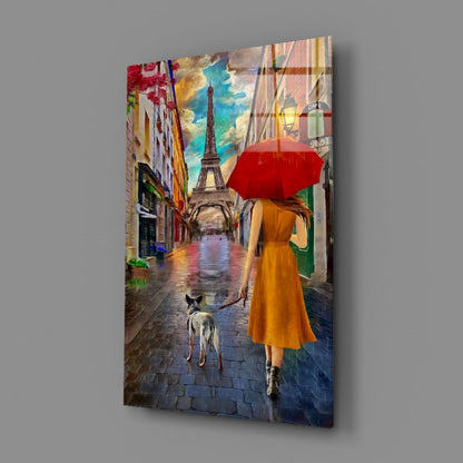 Orange Dress Woman Red Umbrella Paris Glass Wall Art