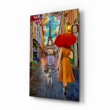Orange Dress Woman Red Umbrella Paris Glass Wall Art
