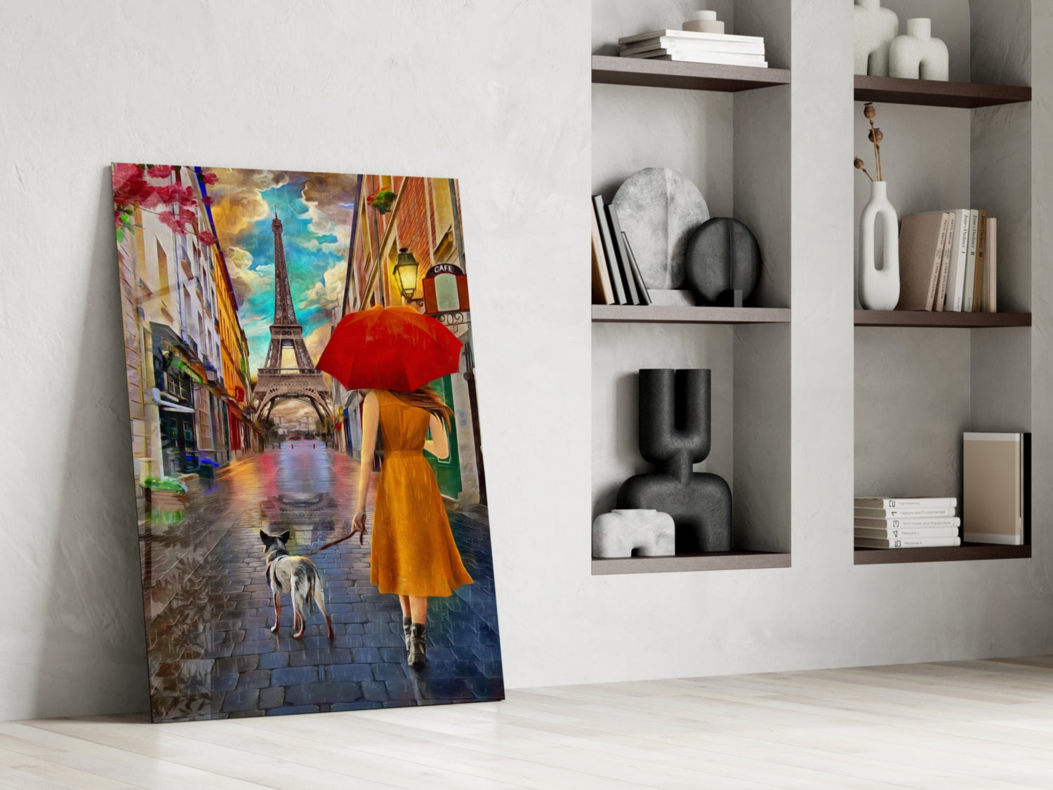 Orange Dress Woman Red Umbrella Paris Glass Wall Art