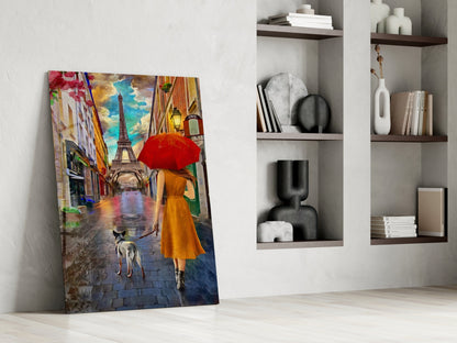 Orange Dress Woman Red Umbrella Paris Glass Wall Art