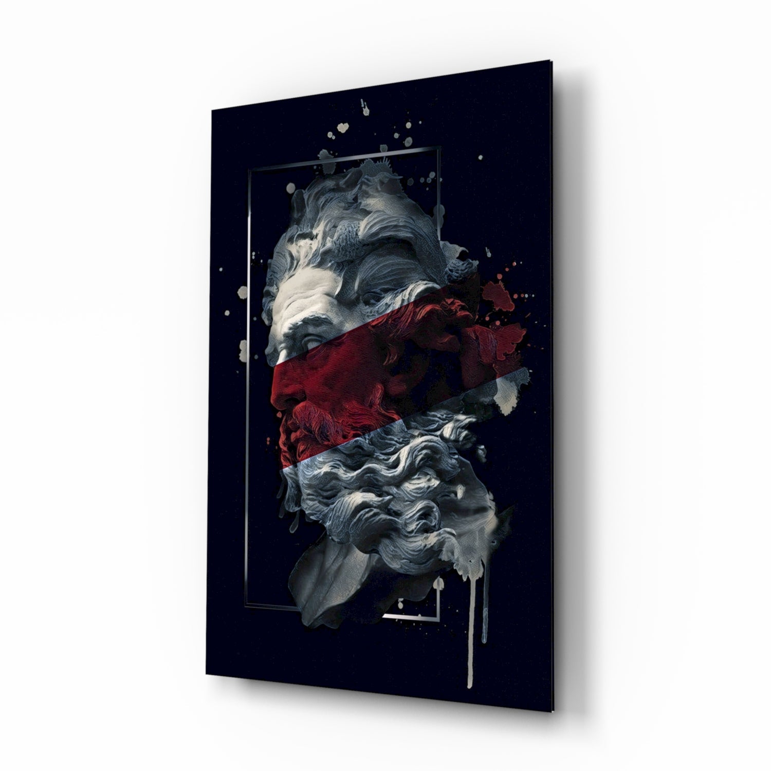 Crimson Paint Stripe Poseidon Bust Glass Wall Art