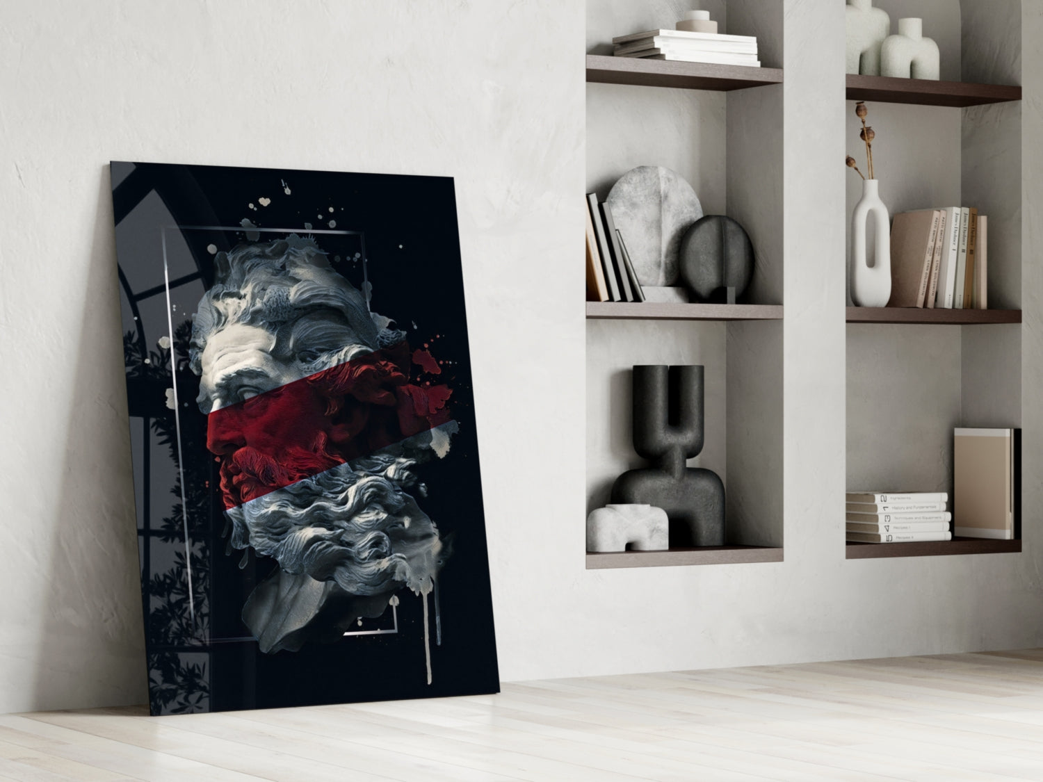 Crimson Paint Stripe Poseidon Bust Glass Wall Art