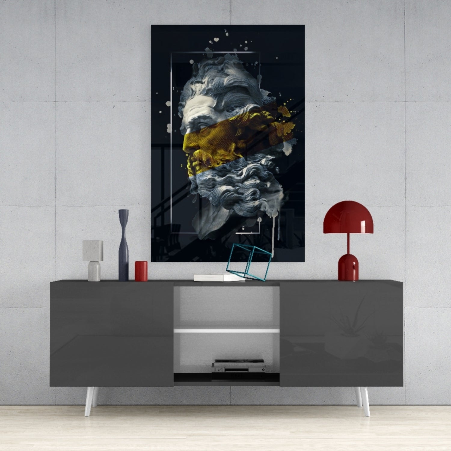 Gold Paint Stripe Poseidon Bust Glass Wall Art