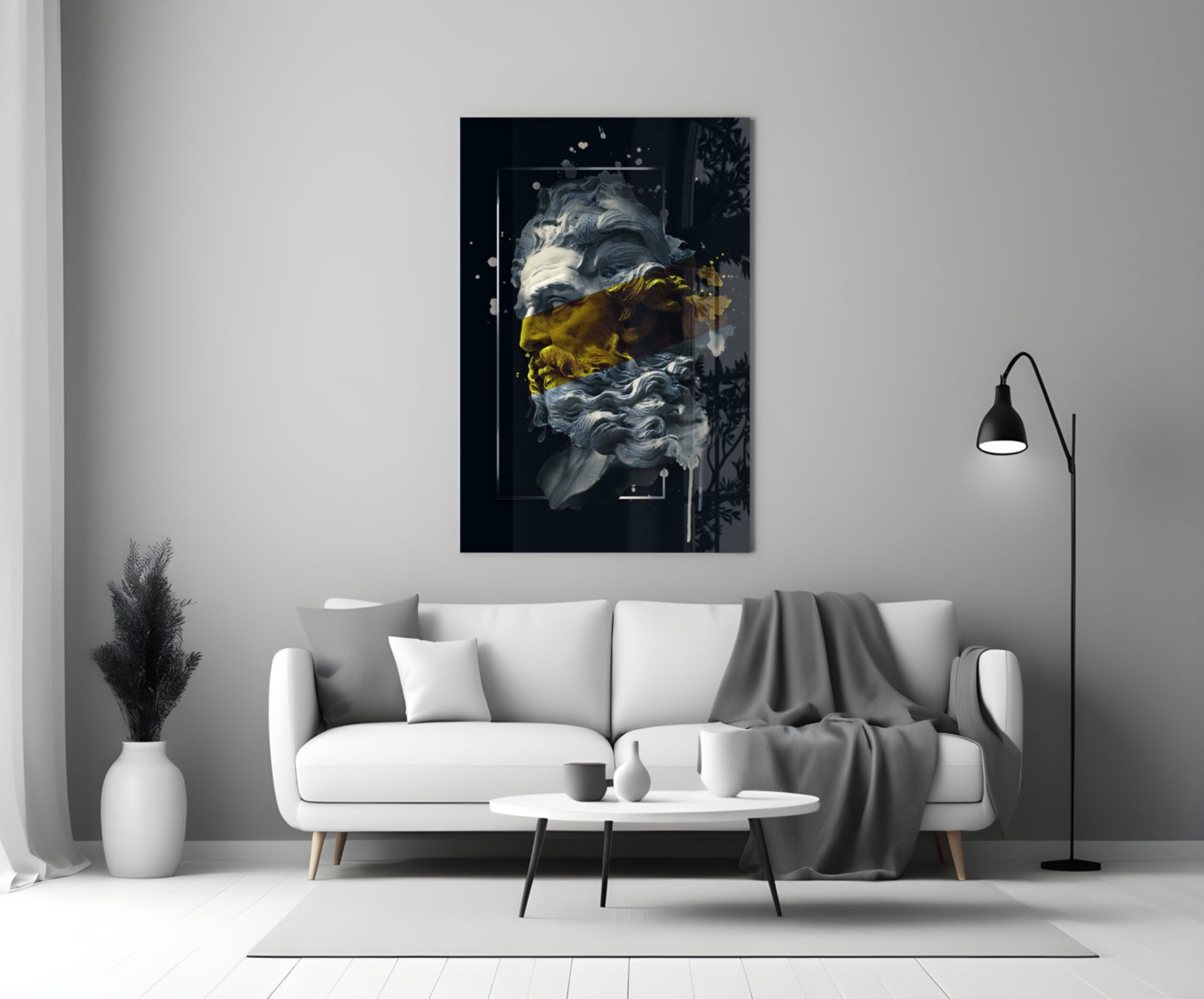 Gold Paint Stripe Poseidon Bust Glass Wall Art