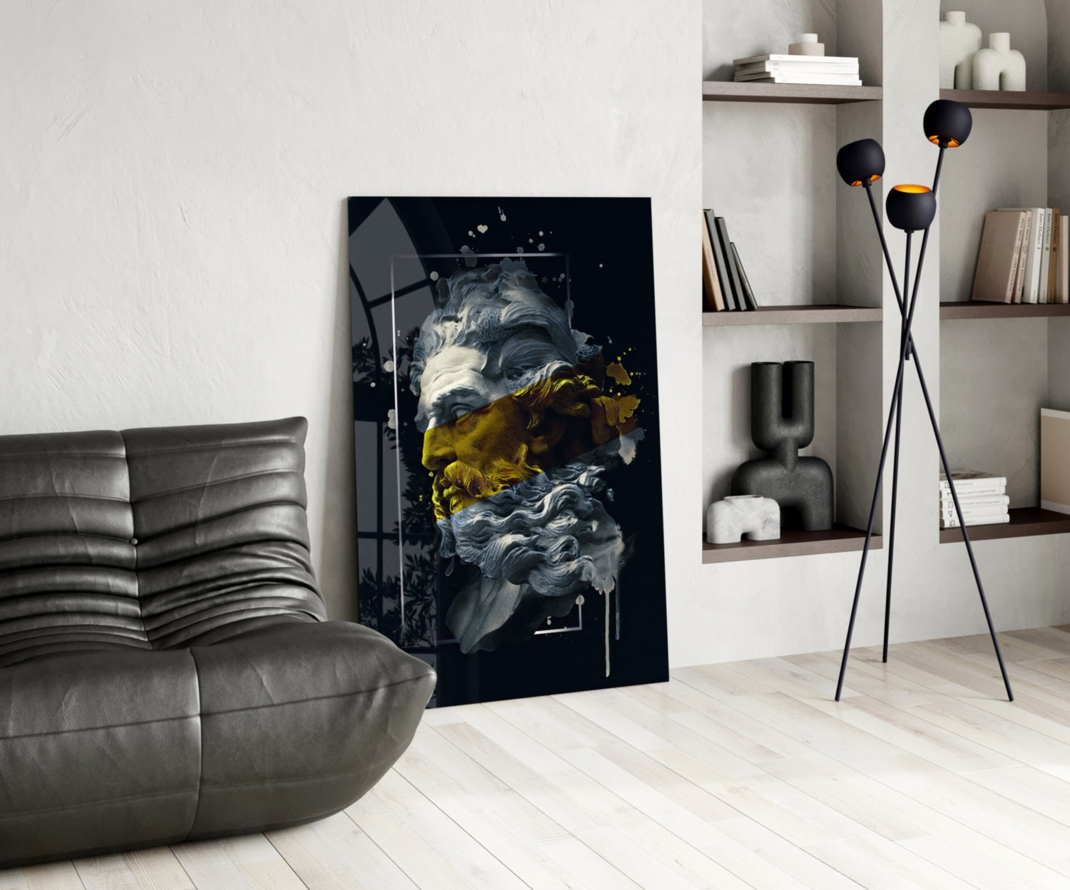 Gold Paint Stripe Poseidon Bust Glass Wall Art