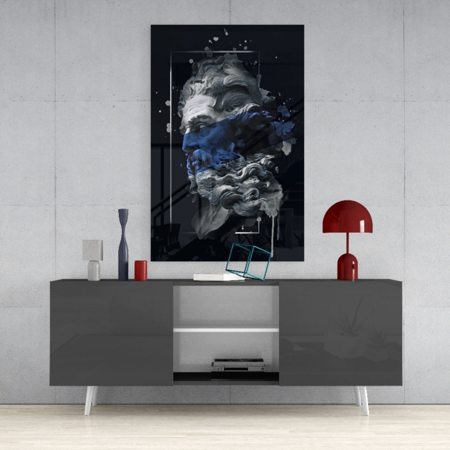 Navy Blue Paint Stripe Poseidon Bust Glass Wall Art