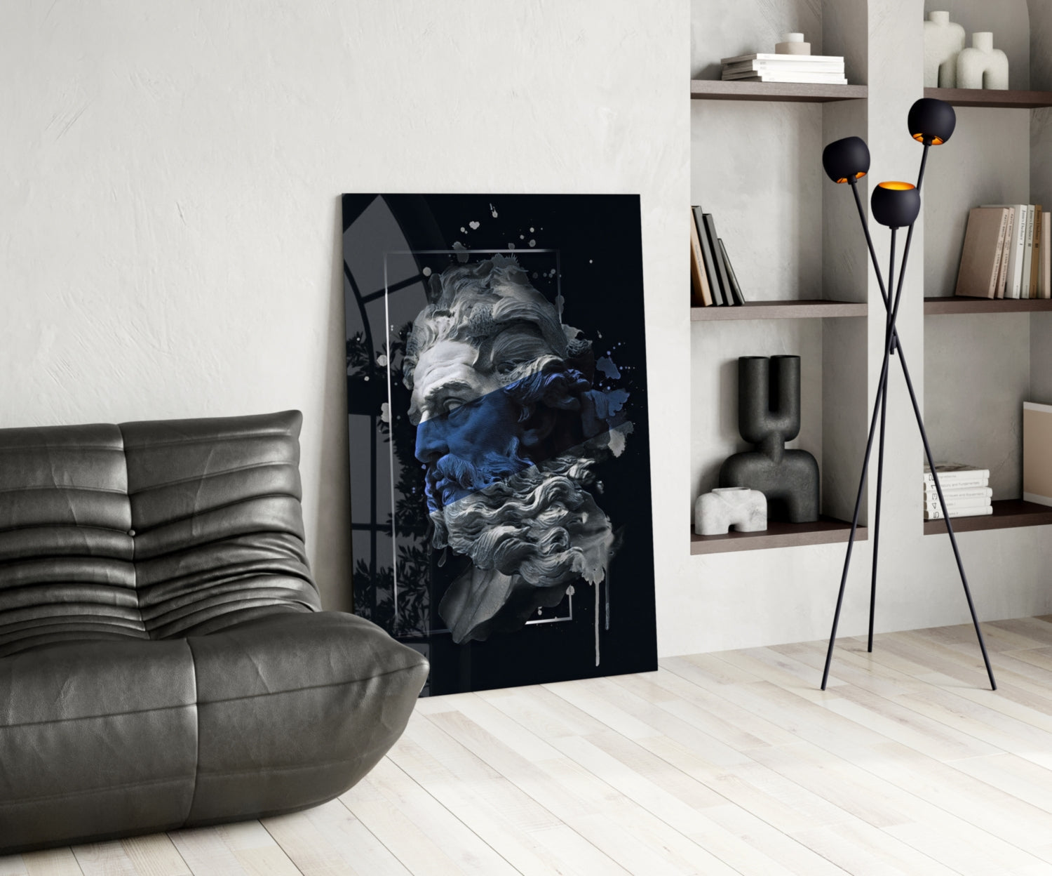 Navy Blue Paint Stripe Poseidon Bust Glass Wall Art