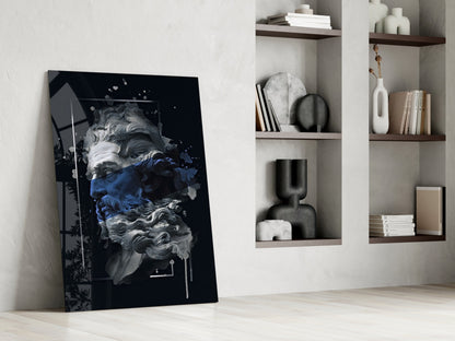 Navy Blue Paint Stripe Poseidon Bust Glass Wall Art