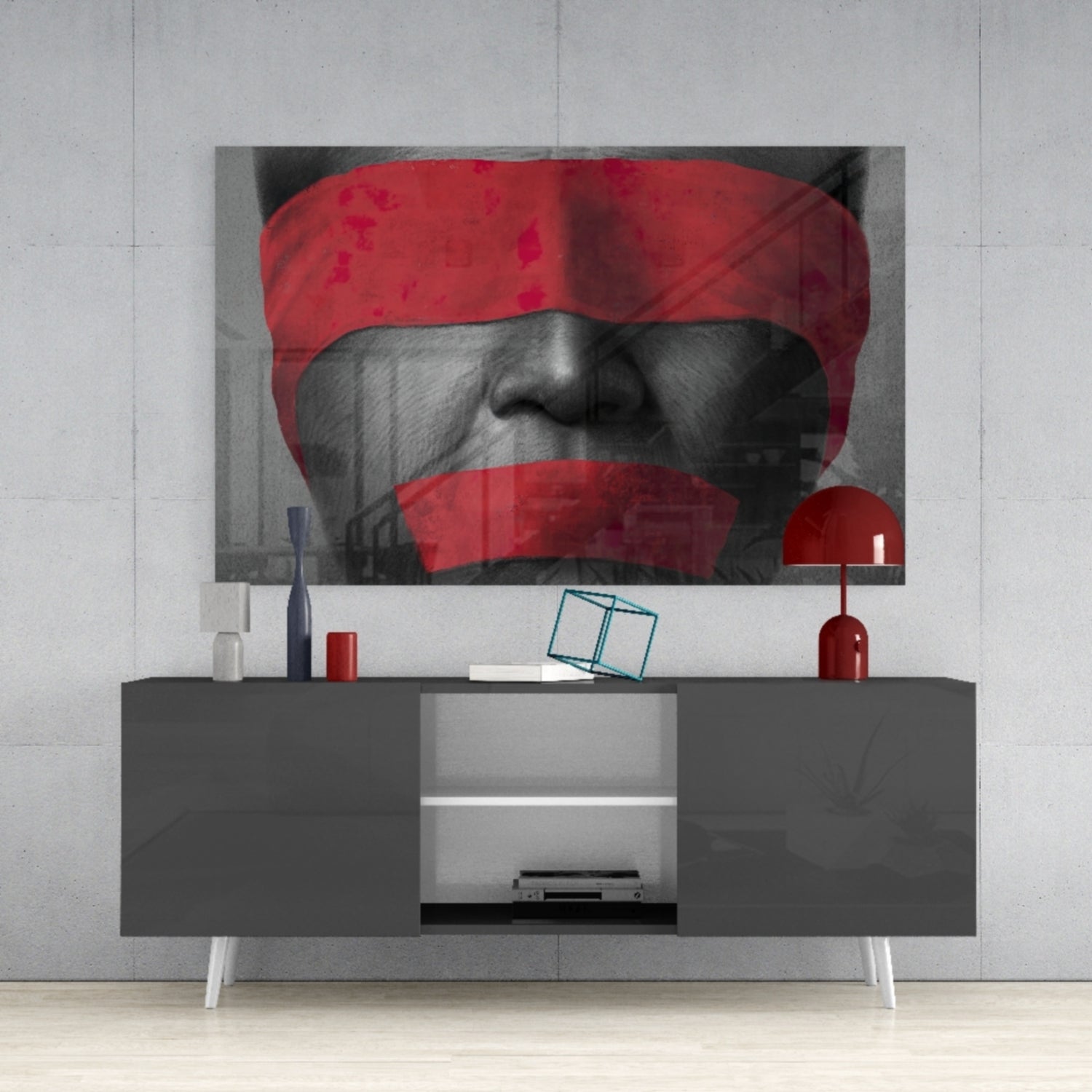 Red Blindfold and Taped Mouth Portrait Glass Wall Art