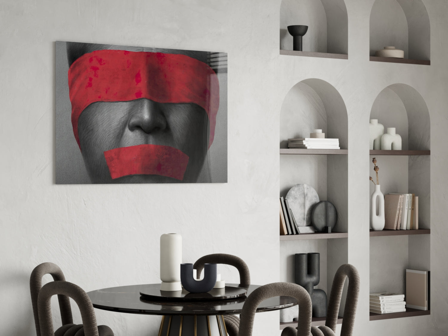 Red Blindfold and Taped Mouth Portrait Glass Wall Art