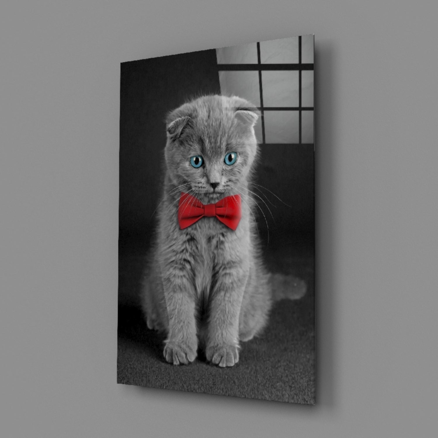 Gray Kitten Red Bow Tie Glass Wall Art