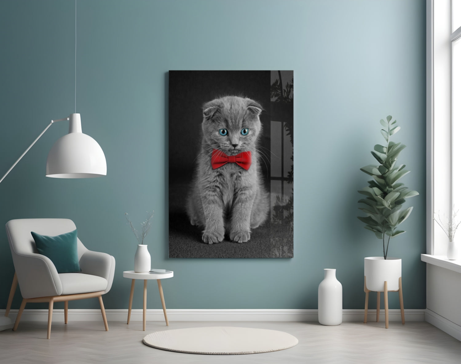 Gray Kitten Red Bow Tie Glass Wall Art