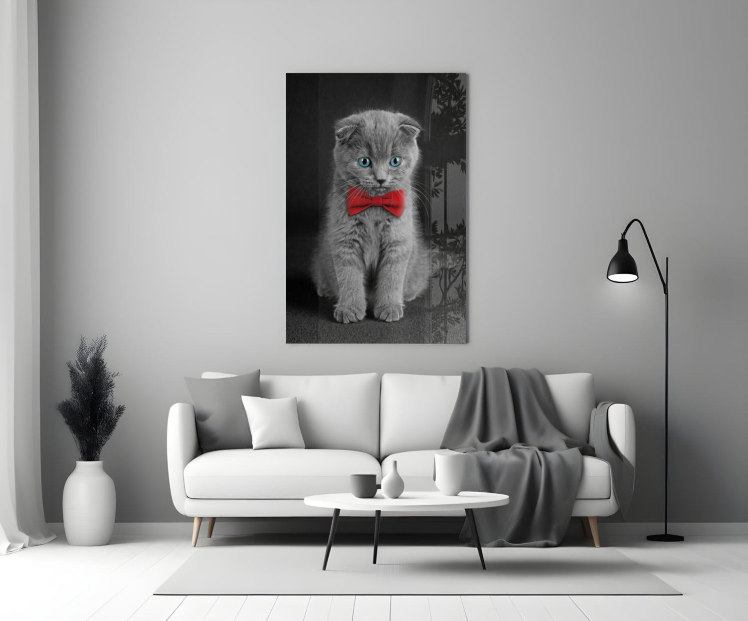 Gray Kitten Red Bow Tie Glass Wall Art