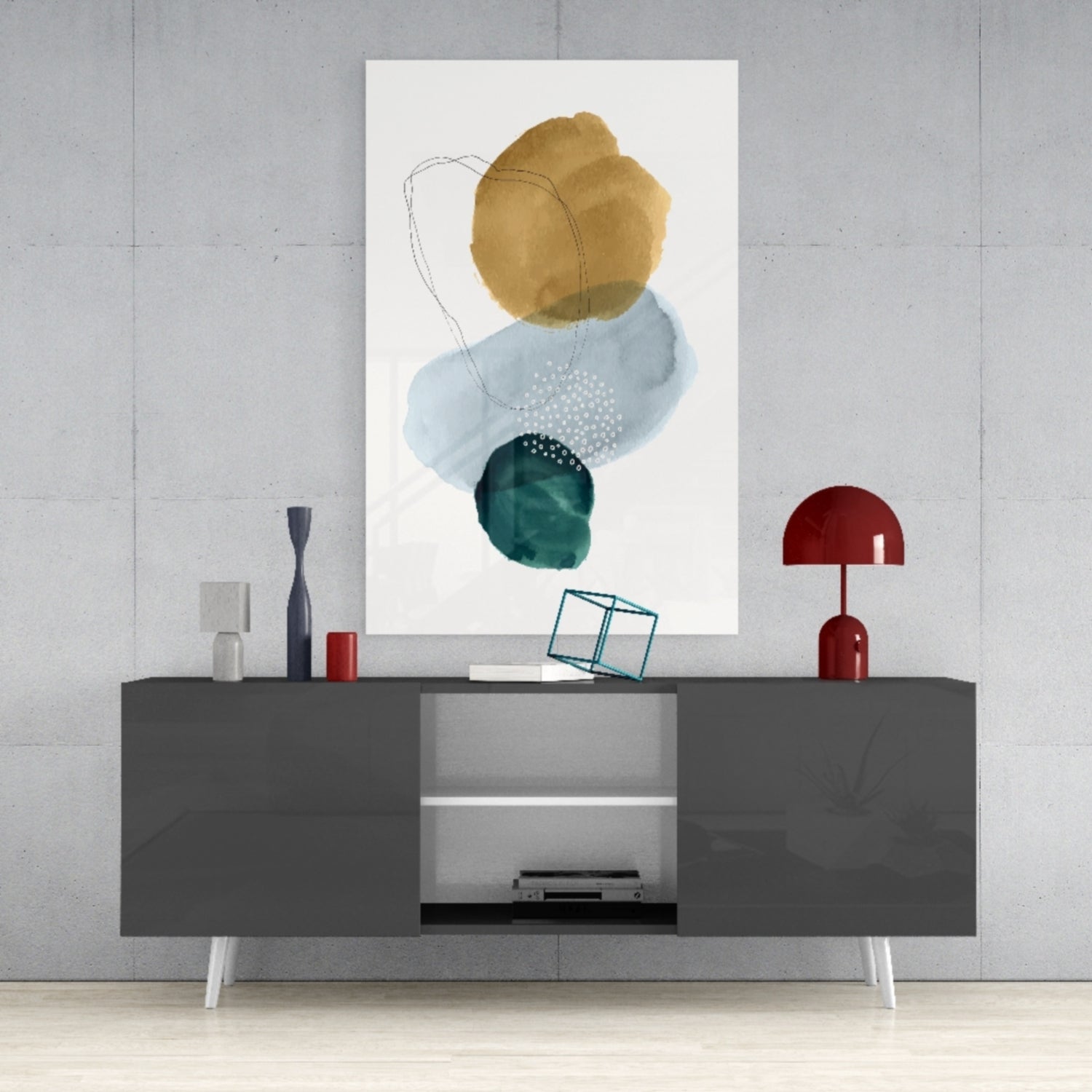 Gold Blue Teal Stacked Circles Glass Wall Art