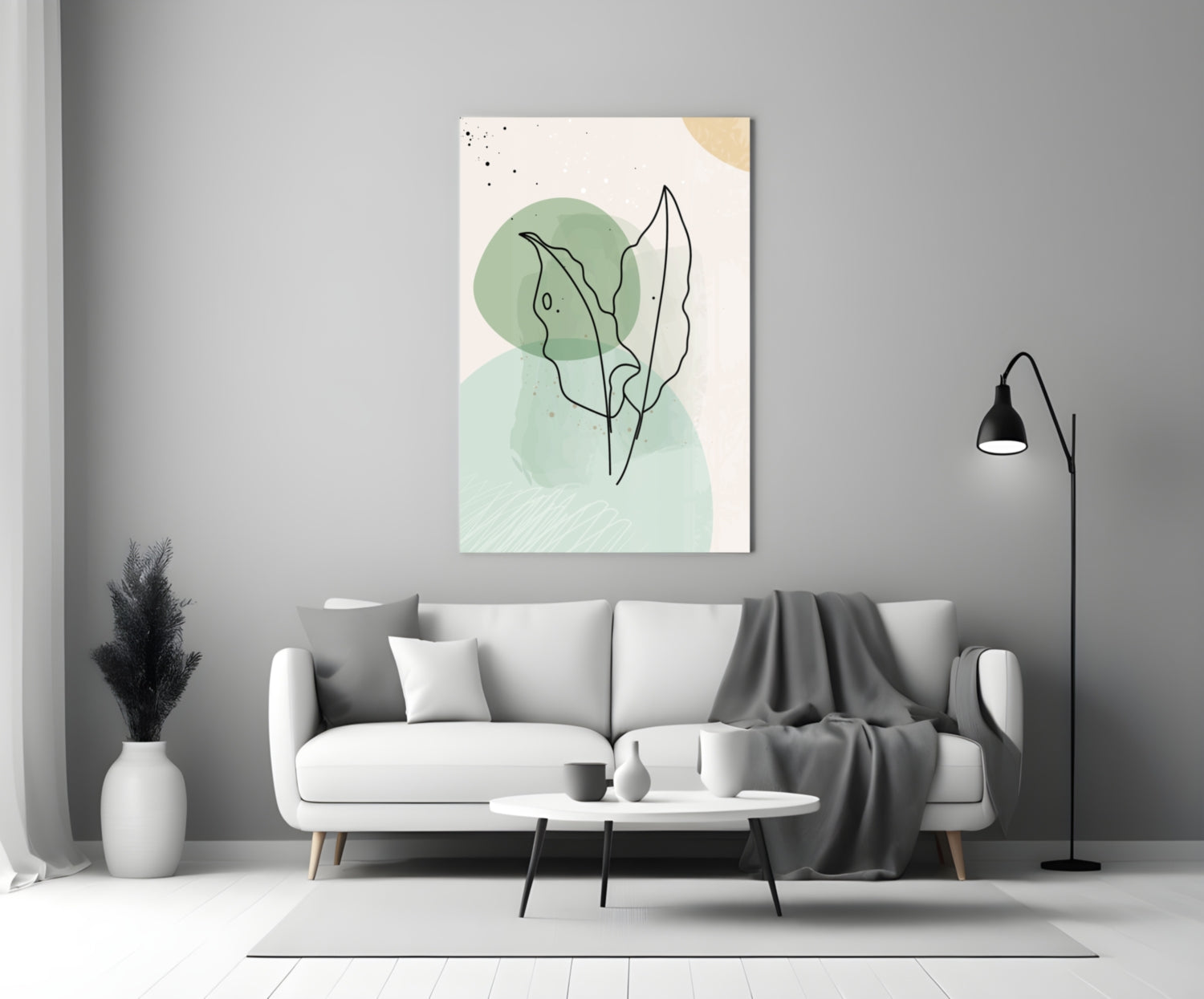 Twin Leaves Sage Green Line Glass Wall Art