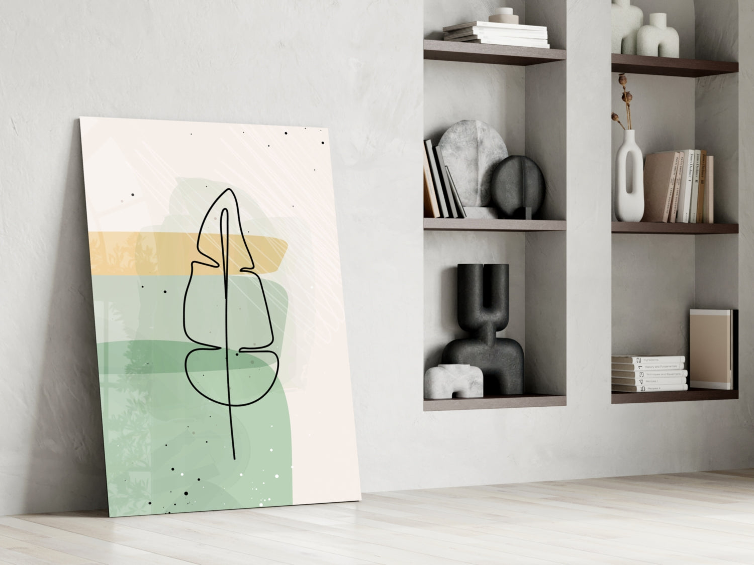 Line Art Leaf Sage Yellow Glass Wall Art
