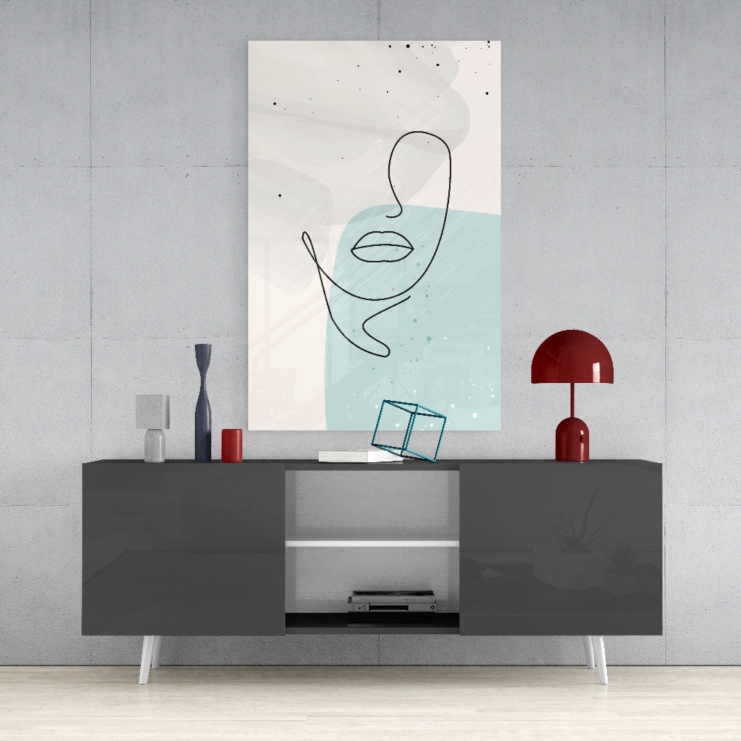 Mint Grey Line Face With Lips Glass Wall Art