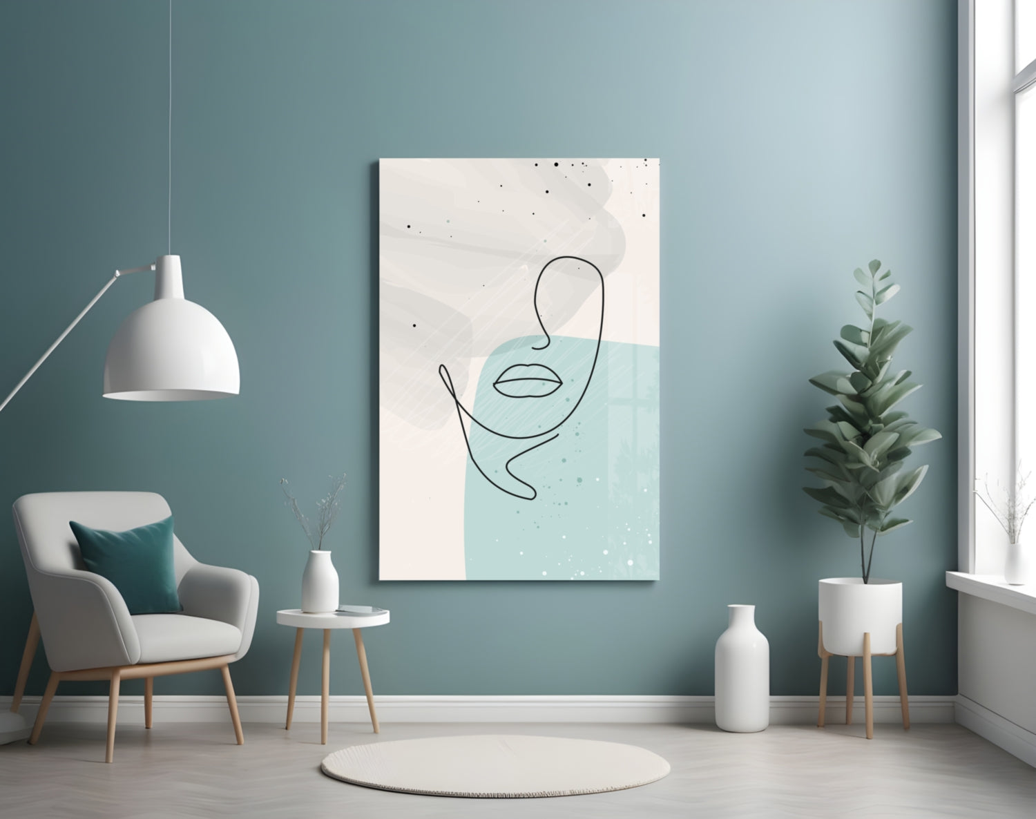 Mint Grey Line Face With Lips Glass Wall Art