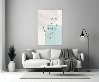 Mint Grey Line Face With Lips Glass Wall Art